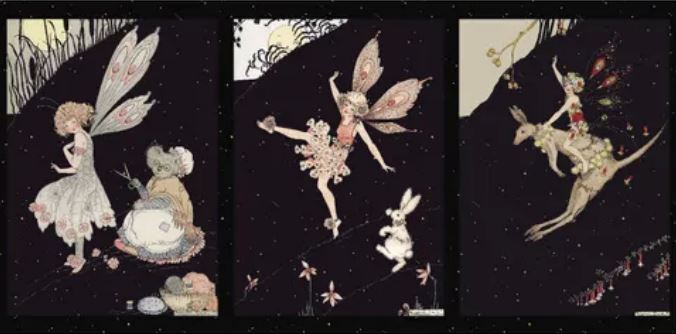 Federation Fairies Triptych Panel Vertical 37 cm x 112cm Margaret Clark Art Deco illustrator 100% Quilting Cotton Panel.