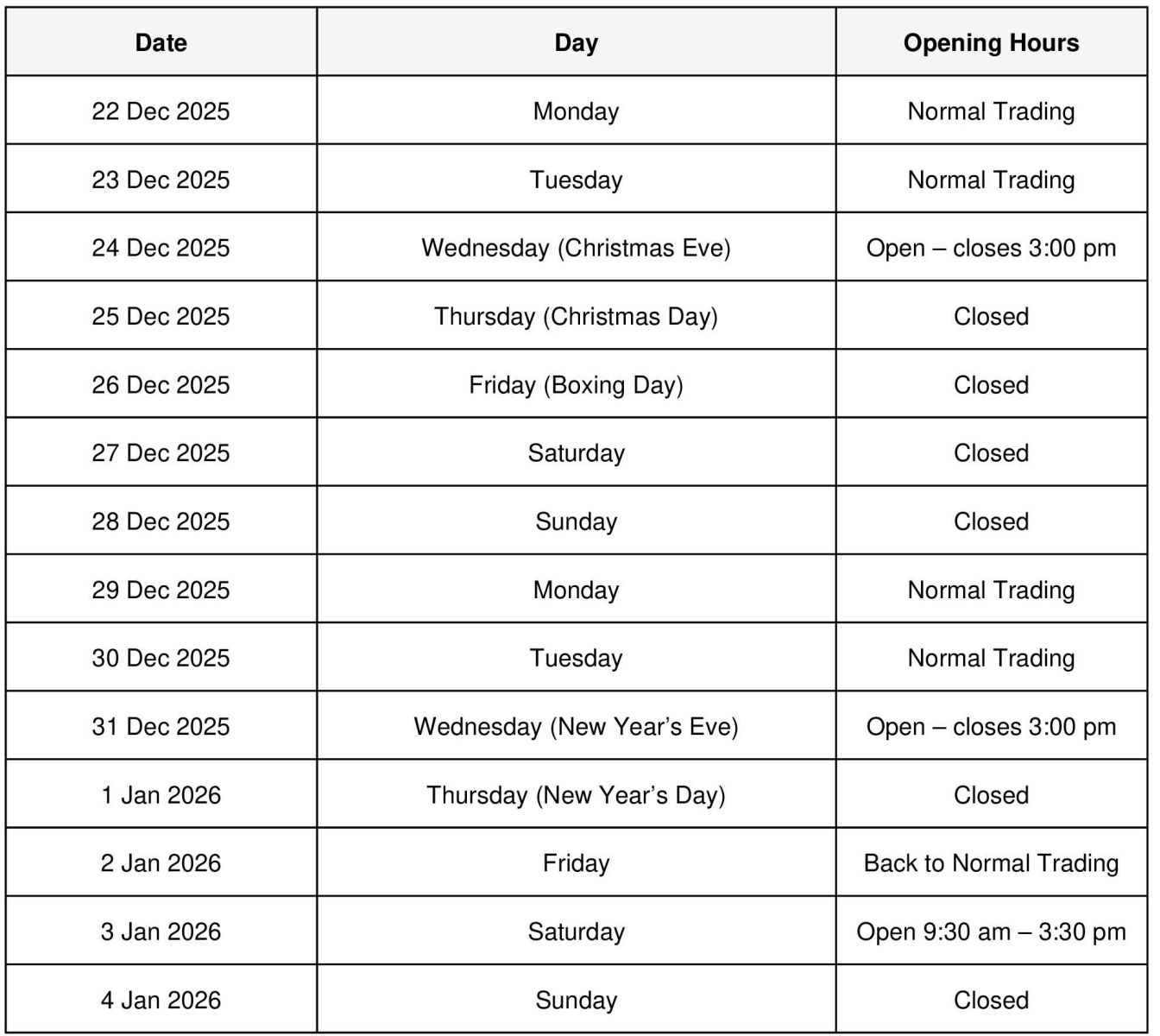 Christmas Hours