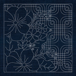 GF01 – Blossoms on Geometric Grid Sashiko Panel - Navy