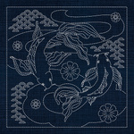 JP02 Butterfly Koi & Plum Blossom Sashiko Panel (33cm Square- Navy
