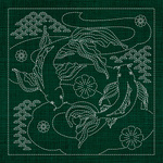 JP02 Butterfly Koi & Plum Blossom Sashiko Panel (33cm Square) - Olive Green