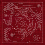 JP02 Butterfly Koi & Plum Blossom Sashiko Panel (33cm Square) - Red