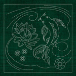 JP03 Butterfly Koi, Lotus & Plum Blossom Sashiko Panel - Green
