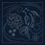 JP03 Butterfly Koi, Lotus & Plum Blossom Sashiko Panel - Navy