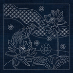 JP04 Lotus Flowers & Seven Treasures Sashiko Panel - Navy
