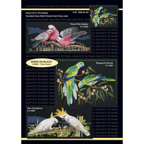 Country Threads Birds on Black - 3 x cross stitch charts