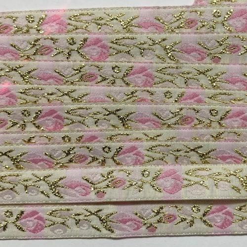 Ribbon -10mm White/Gold/Pink Roses