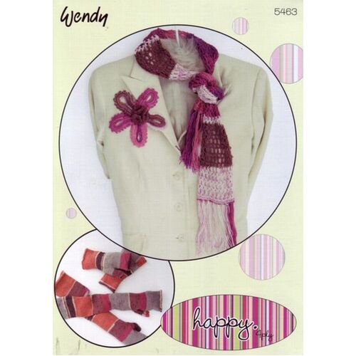 5463 - Fingerless mittens, hat, scarf and flower motif