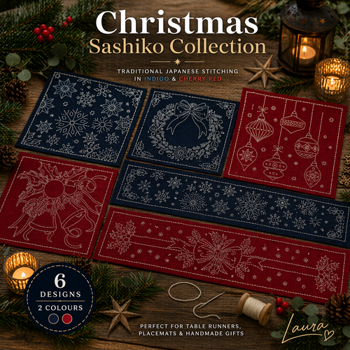 Christmas Sashiko Collection – Indigo & Cherry Red Panels
