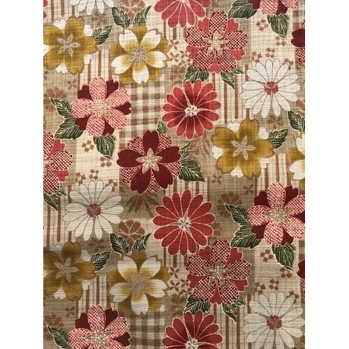 Fabric - Large Flowers in Shades of Red, Yellow, and Off-White