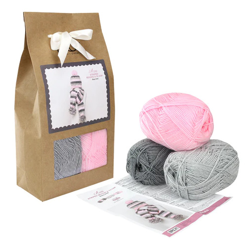 Ava Striped Beanie & Scarf - Pink/Grey