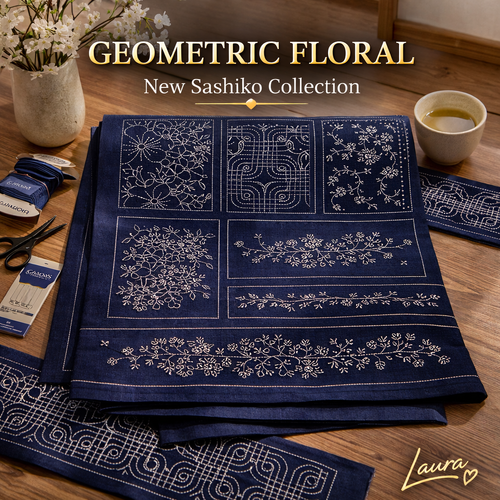 Geometric Floral Collection Sashiko Panel
