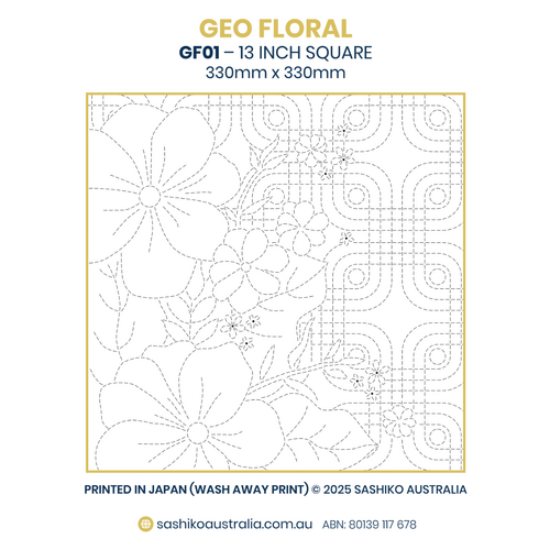 GF01 – Blossoms on Geometric Grid Sashiko Panel (13" Square)