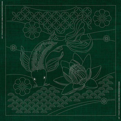 JP07 Butterfly Koi and Angled Seven Treasures Panel - Olive Green