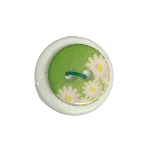 Button - 18mm Poly White Daisy Green