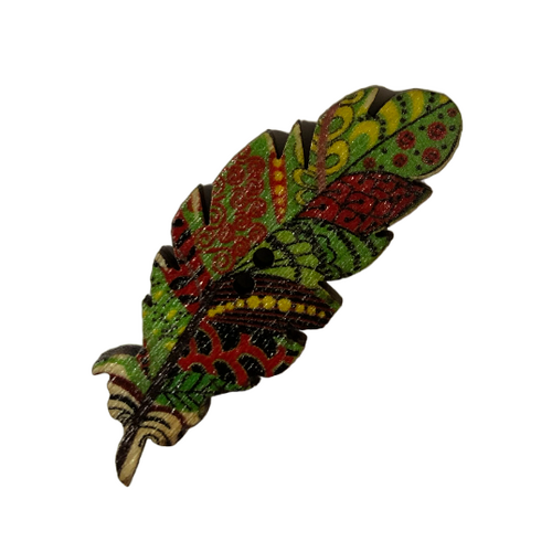 Button - 40mm Wooden Feather - Green/Red