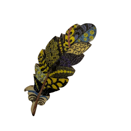 Button - 40mm Wooden Feather - Yellow/Blue